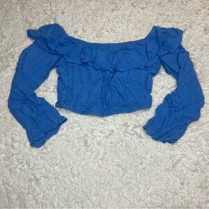 Blue Off-Shoulder Ruffle Long-Sleeve Crop Top